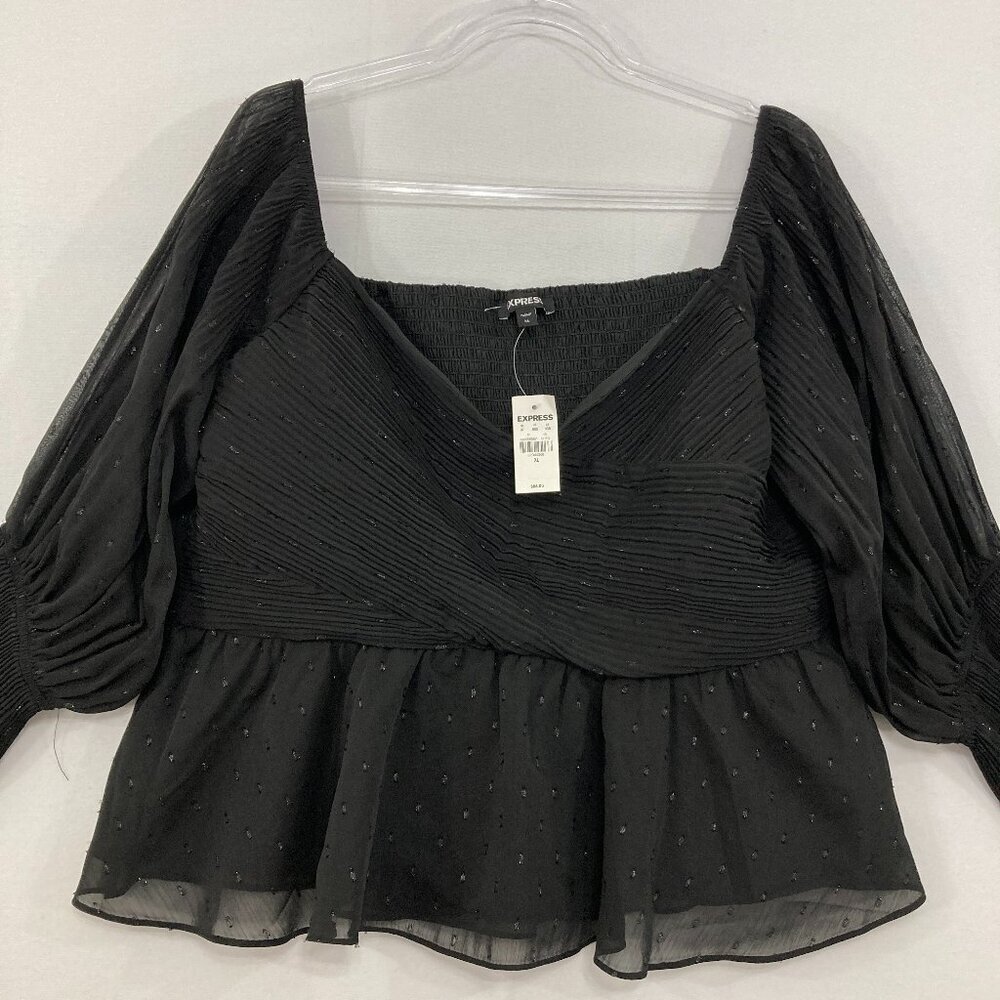 New Express size XL Black Swiss‎ Dot Pleated Smocked Babydoll Feminine Blouse